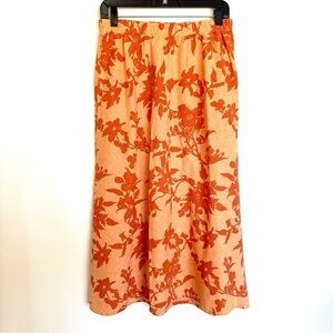 Orvis Linen Blend Orange Floral Elastic Waist Maxi Skirt Women’s Size Medium